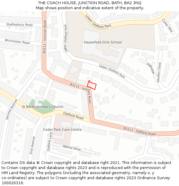 THE COACH HOUSE, JUNCTION ROAD, BATH, BA2 3NQ: Location map and indicative extent of plot