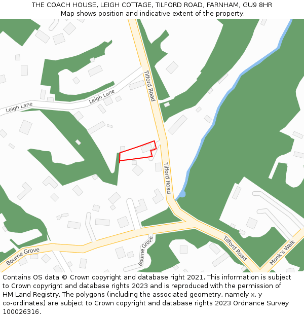 THE COACH HOUSE, LEIGH COTTAGE, TILFORD ROAD, FARNHAM, GU9 8HR: Location map and indicative extent of plot