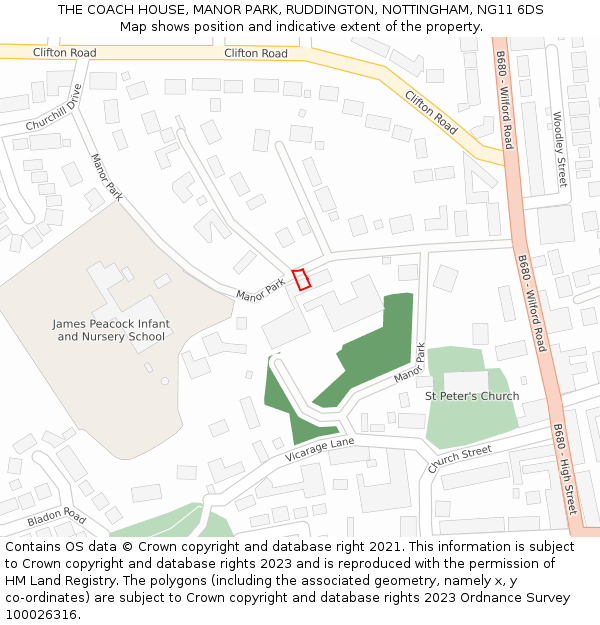 THE COACH HOUSE, MANOR PARK, RUDDINGTON, NOTTINGHAM, NG11 6DS: Location map and indicative extent of plot