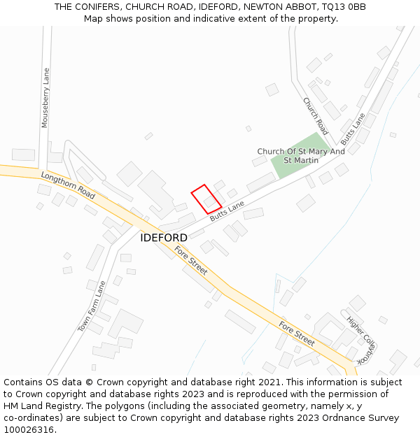 THE CONIFERS, CHURCH ROAD, IDEFORD, NEWTON ABBOT, TQ13 0BB: Location map and indicative extent of plot