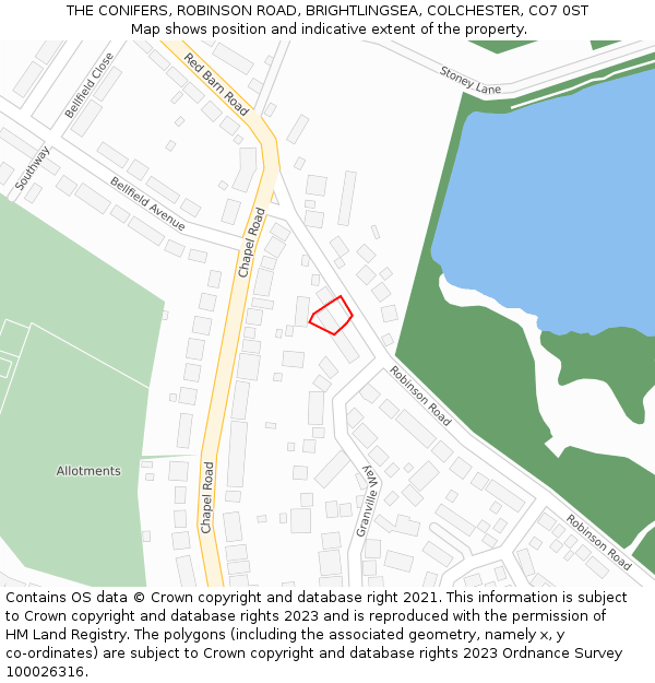 THE CONIFERS, ROBINSON ROAD, BRIGHTLINGSEA, COLCHESTER, CO7 0ST: Location map and indicative extent of plot