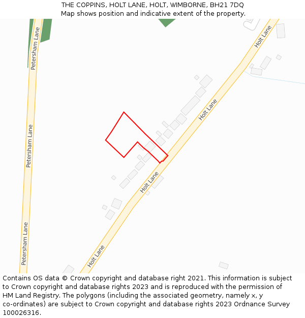 THE COPPINS, HOLT LANE, HOLT, WIMBORNE, BH21 7DQ: Location map and indicative extent of plot