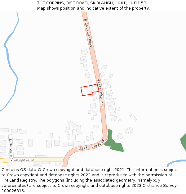 THE COPPINS, RISE ROAD, SKIRLAUGH, HULL, HU11 5BH: Location map and indicative extent of plot