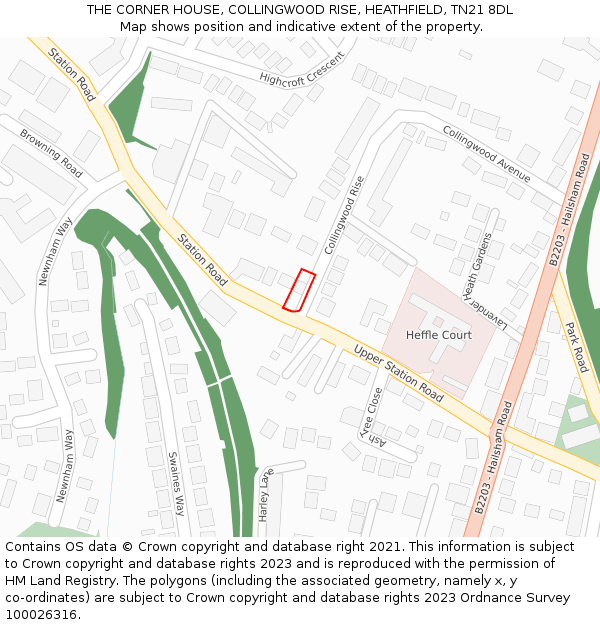 THE CORNER HOUSE, COLLINGWOOD RISE, HEATHFIELD, TN21 8DL: Location map and indicative extent of plot