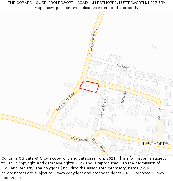 THE CORNER HOUSE, FROLESWORTH ROAD, ULLESTHORPE, LUTTERWORTH, LE17 5BY: Location map and indicative extent of plot