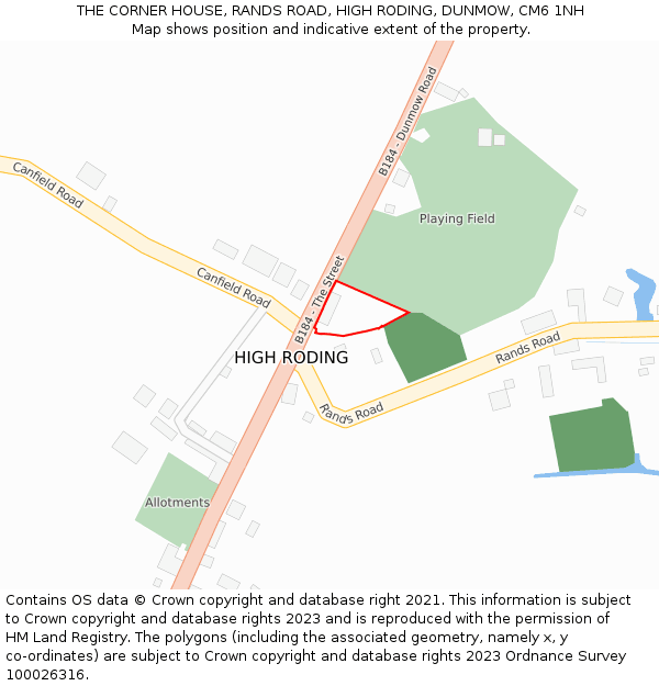 THE CORNER HOUSE, RANDS ROAD, HIGH RODING, DUNMOW, CM6 1NH: Location map and indicative extent of plot