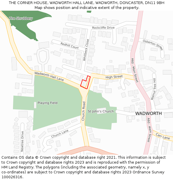 THE CORNER HOUSE, WADWORTH HALL LANE, WADWORTH, DONCASTER, DN11 9BH: Location map and indicative extent of plot