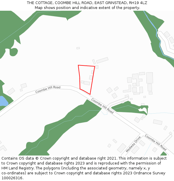 THE COTTAGE, COOMBE HILL ROAD, EAST GRINSTEAD, RH19 4LZ: Location map and indicative extent of plot