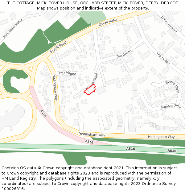 THE COTTAGE, MICKLEOVER HOUSE, ORCHARD STREET, MICKLEOVER, DERBY, DE3 0DF: Location map and indicative extent of plot