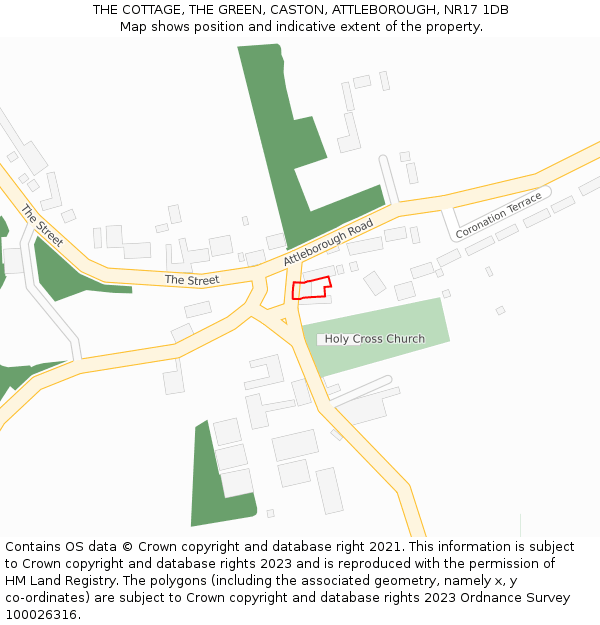 THE COTTAGE, THE GREEN, CASTON, ATTLEBOROUGH, NR17 1DB: Location map and indicative extent of plot