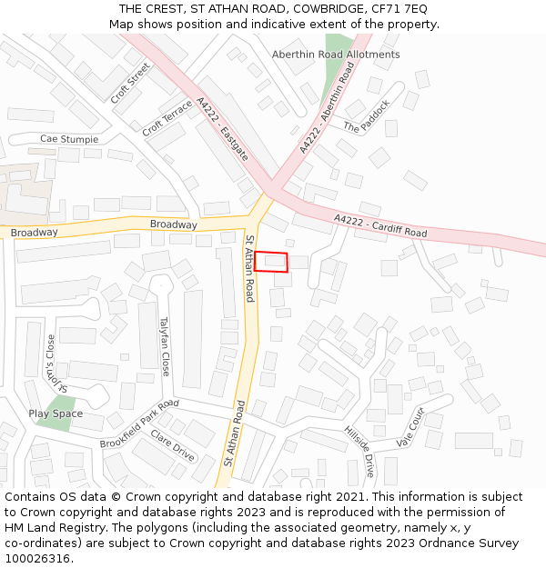 THE CREST, ST ATHAN ROAD, COWBRIDGE, CF71 7EQ: Location map and indicative extent of plot
