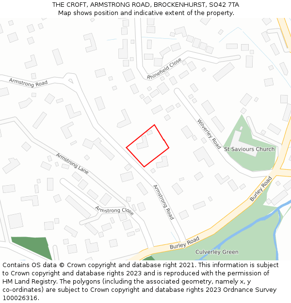 THE CROFT, ARMSTRONG ROAD, BROCKENHURST, SO42 7TA: Location map and indicative extent of plot