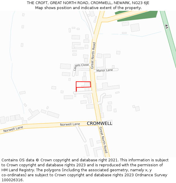 THE CROFT, GREAT NORTH ROAD, CROMWELL, NEWARK, NG23 6JE: Location map and indicative extent of plot