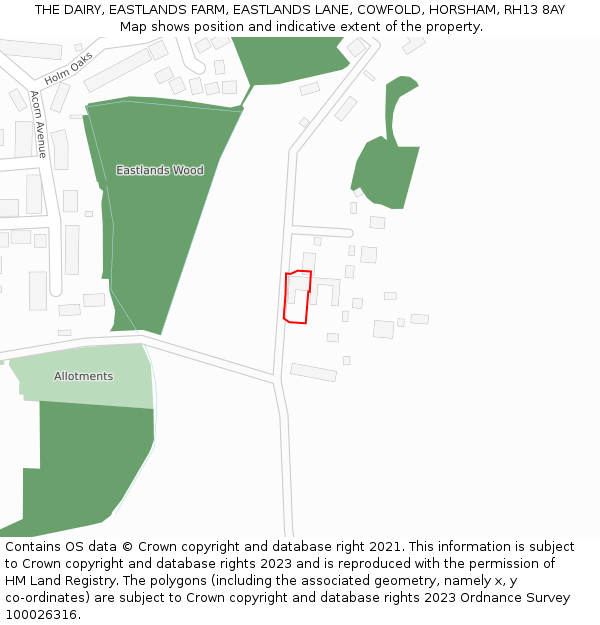 THE DAIRY, EASTLANDS FARM, EASTLANDS LANE, COWFOLD, HORSHAM, RH13 8AY: Location map and indicative extent of plot