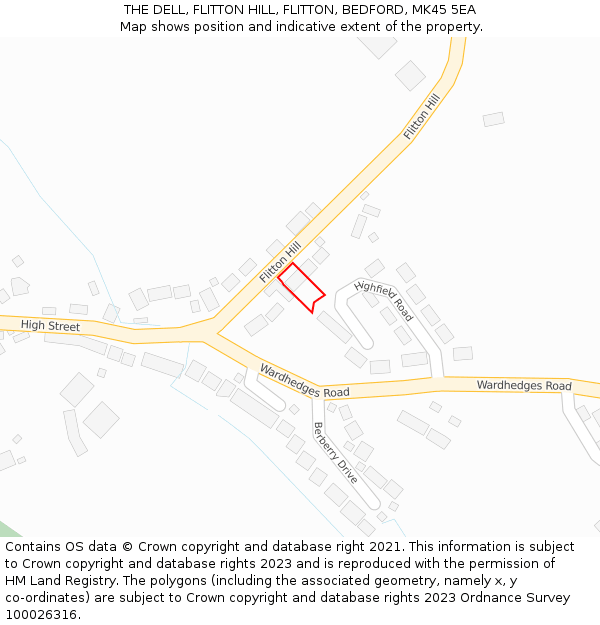 THE DELL, FLITTON HILL, FLITTON, BEDFORD, MK45 5EA: Location map and indicative extent of plot