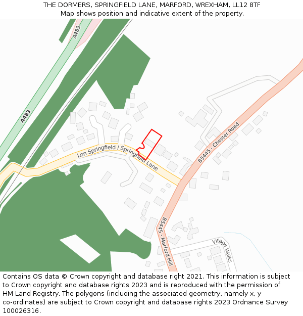 THE DORMERS, SPRINGFIELD LANE, MARFORD, WREXHAM, LL12 8TF: Location map and indicative extent of plot