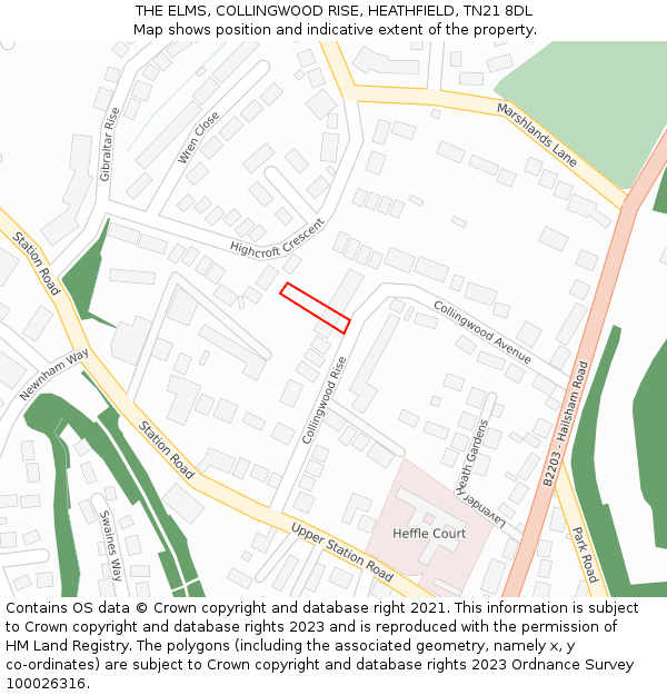 THE ELMS, COLLINGWOOD RISE, HEATHFIELD, TN21 8DL: Location map and indicative extent of plot