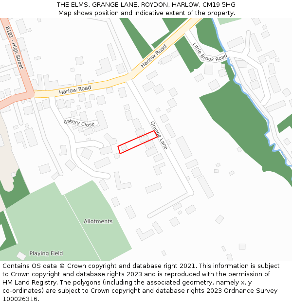 THE ELMS, GRANGE LANE, ROYDON, HARLOW, CM19 5HG: Location map and indicative extent of plot