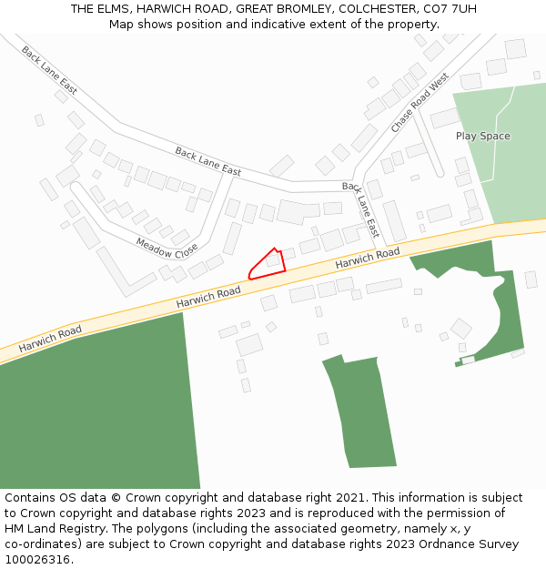 THE ELMS, HARWICH ROAD, GREAT BROMLEY, COLCHESTER, CO7 7UH: Location map and indicative extent of plot