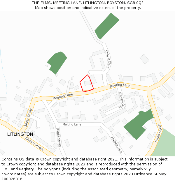 THE ELMS, MEETING LANE, LITLINGTON, ROYSTON, SG8 0QF: Location map and indicative extent of plot