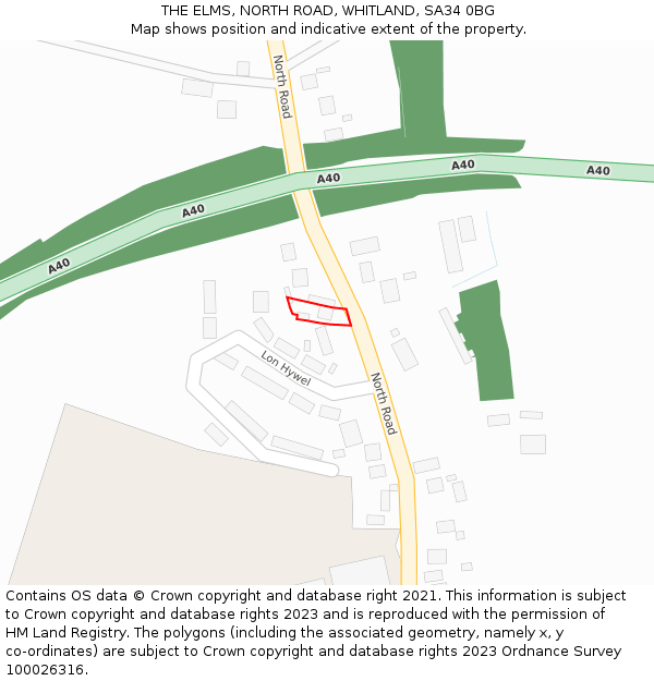 THE ELMS, NORTH ROAD, WHITLAND, SA34 0BG: Location map and indicative extent of plot