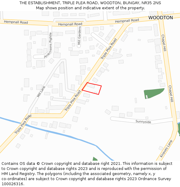 THE ESTABLISHMENT, TRIPLE PLEA ROAD, WOODTON, BUNGAY, NR35 2NS: Location map and indicative extent of plot