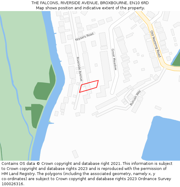 THE FALCONS, RIVERSIDE AVENUE, BROXBOURNE, EN10 6RD: Location map and indicative extent of plot