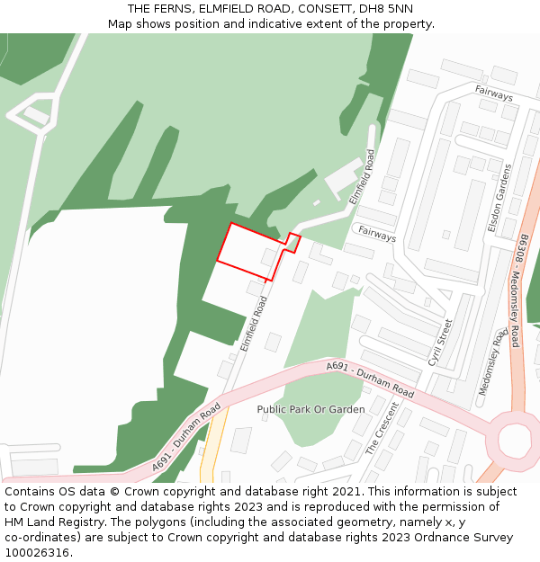 THE FERNS, ELMFIELD ROAD, CONSETT, DH8 5NN: Location map and indicative extent of plot
