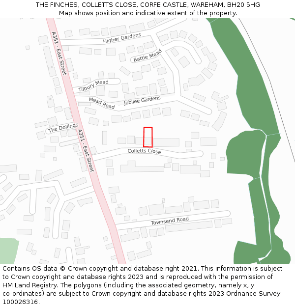 THE FINCHES, COLLETTS CLOSE, CORFE CASTLE, WAREHAM, BH20 5HG: Location map and indicative extent of plot