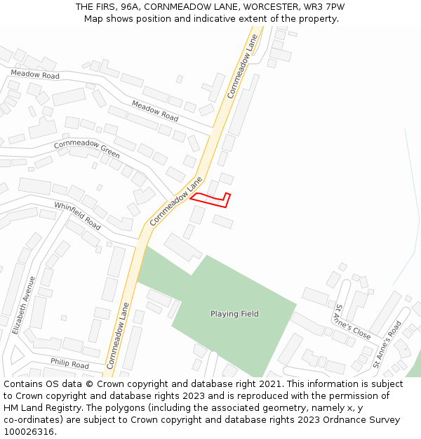 THE FIRS, 96A, CORNMEADOW LANE, WORCESTER, WR3 7PW: Location map and indicative extent of plot