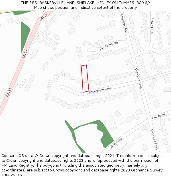 THE FIRS, BASKERVILLE LANE, SHIPLAKE, HENLEY-ON-THAMES, RG9 3JY: Location map and indicative extent of plot