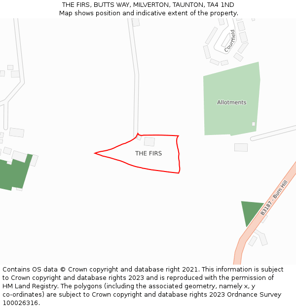 THE FIRS, BUTTS WAY, MILVERTON, TAUNTON, TA4 1ND: Location map and indicative extent of plot