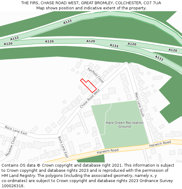 THE FIRS, CHASE ROAD WEST, GREAT BROMLEY, COLCHESTER, CO7 7UA: Location map and indicative extent of plot