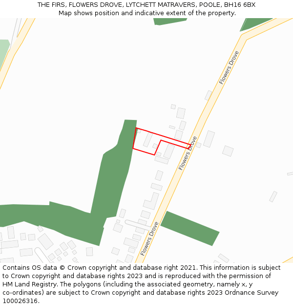THE FIRS, FLOWERS DROVE, LYTCHETT MATRAVERS, POOLE, BH16 6BX: Location map and indicative extent of plot