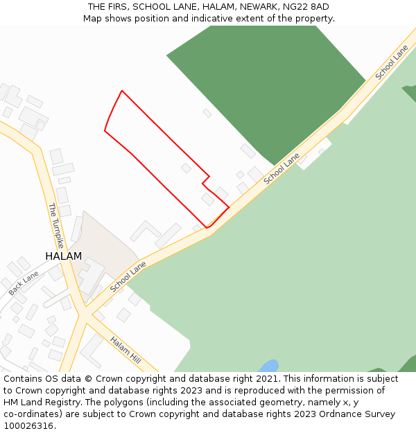 THE FIRS, SCHOOL LANE, HALAM, NEWARK, NG22 8AD: Location map and indicative extent of plot