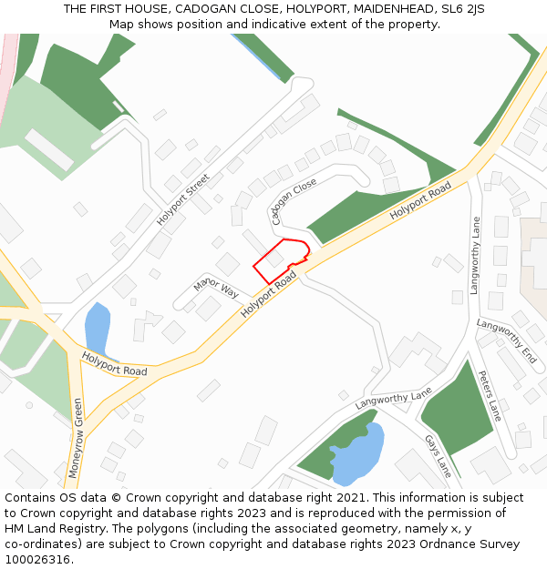 THE FIRST HOUSE, CADOGAN CLOSE, HOLYPORT, MAIDENHEAD, SL6 2JS: Location map and indicative extent of plot