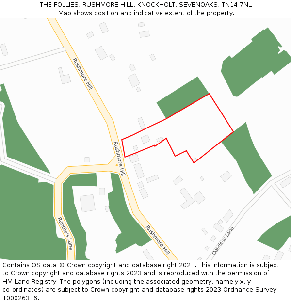 THE FOLLIES, RUSHMORE HILL, KNOCKHOLT, SEVENOAKS, TN14 7NL: Location map and indicative extent of plot