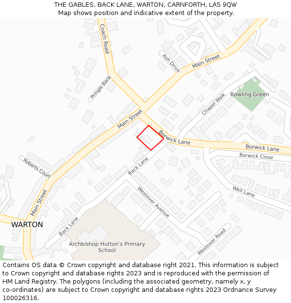 THE GABLES, BACK LANE, WARTON, CARNFORTH, LA5 9QW: Location map and indicative extent of plot