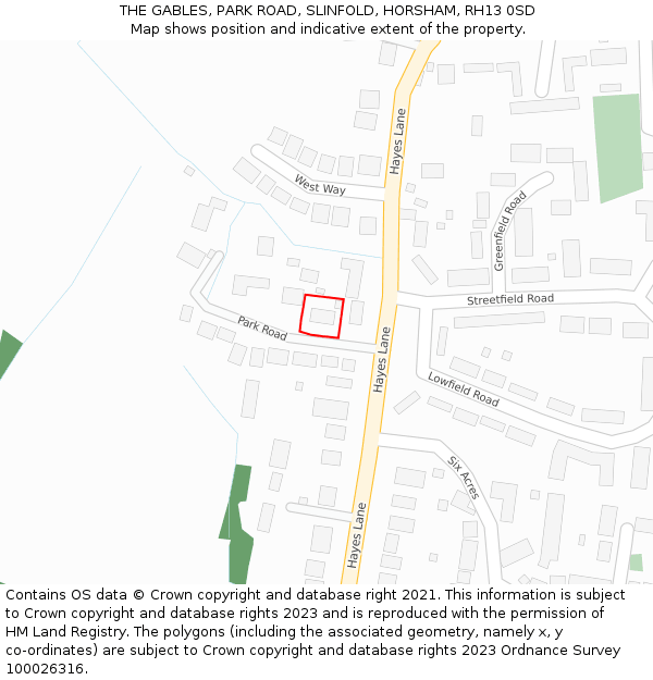 THE GABLES, PARK ROAD, SLINFOLD, HORSHAM, RH13 0SD: Location map and indicative extent of plot