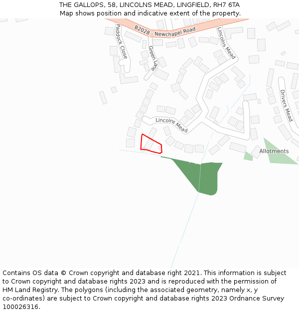 THE GALLOPS, 58, LINCOLNS MEAD, LINGFIELD, RH7 6TA: Location map and indicative extent of plot