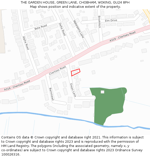 THE GARDEN HOUSE, GREEN LANE, CHOBHAM, WOKING, GU24 8PH: Location map and indicative extent of plot