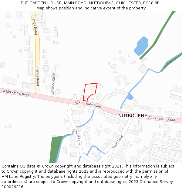 THE GARDEN HOUSE, MAIN ROAD, NUTBOURNE, CHICHESTER, PO18 8RL: Location map and indicative extent of plot