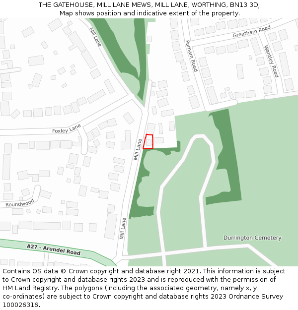 THE GATEHOUSE, MILL LANE MEWS, MILL LANE, WORTHING, BN13 3DJ: Location map and indicative extent of plot