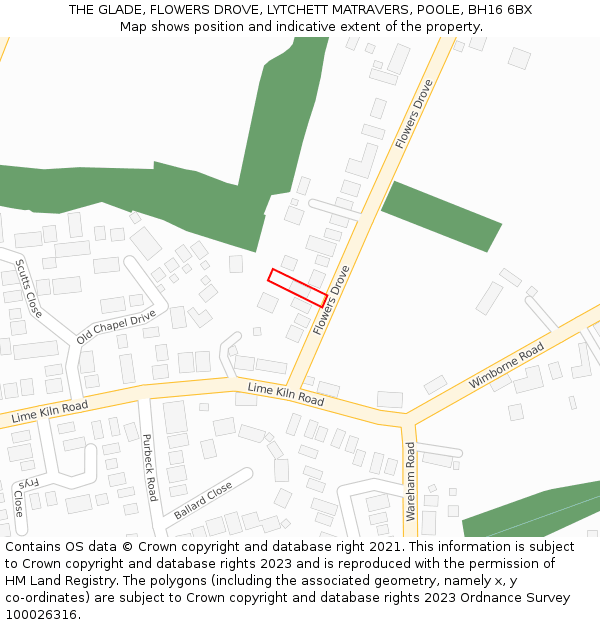 THE GLADE, FLOWERS DROVE, LYTCHETT MATRAVERS, POOLE, BH16 6BX: Location map and indicative extent of plot