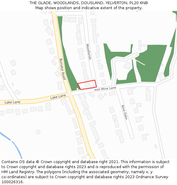 THE GLADE, WOODLANDS, DOUSLAND, YELVERTON, PL20 6NB: Location map and indicative extent of plot