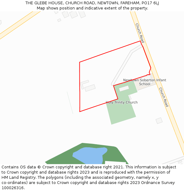 THE GLEBE HOUSE, CHURCH ROAD, NEWTOWN, FAREHAM, PO17 6LJ: Location map and indicative extent of plot