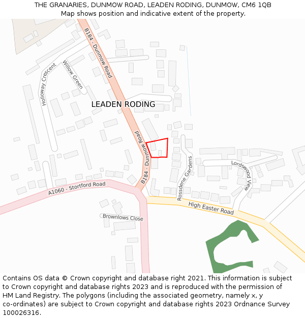 THE GRANARIES, DUNMOW ROAD, LEADEN RODING, DUNMOW, CM6 1QB: Location map and indicative extent of plot