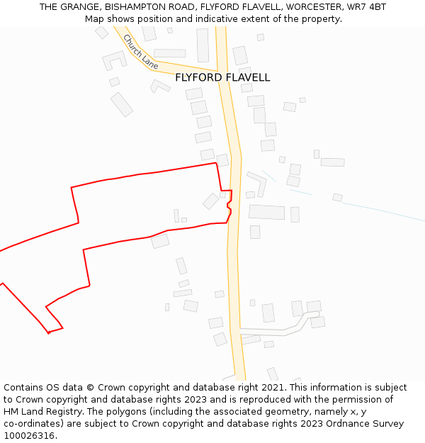 THE GRANGE, BISHAMPTON ROAD, FLYFORD FLAVELL, WORCESTER, WR7 4BT: Location map and indicative extent of plot