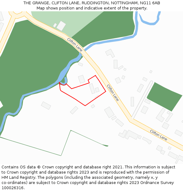 THE GRANGE, CLIFTON LANE, RUDDINGTON, NOTTINGHAM, NG11 6AB: Location map and indicative extent of plot