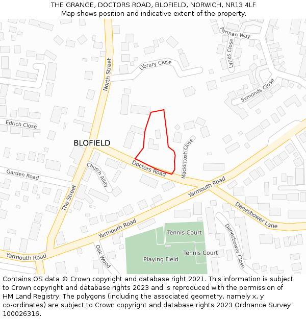 THE GRANGE, DOCTORS ROAD, BLOFIELD, NORWICH, NR13 4LF: Location map and indicative extent of plot